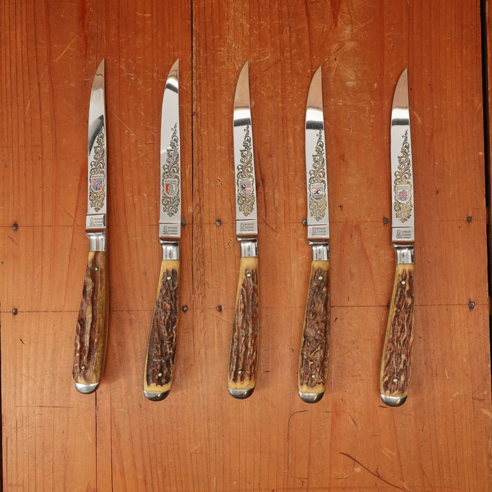 Anton Wingen Jr 5 Pc Steak Knife Set Etch and Inlay Stainless & Stag Solingen 1960s 70s