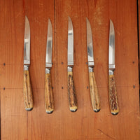 Anton Wingen Jr 5 Pc Steak Knife Set Etch and Inlay Stainless & Stag Solingen 1960s 70s
