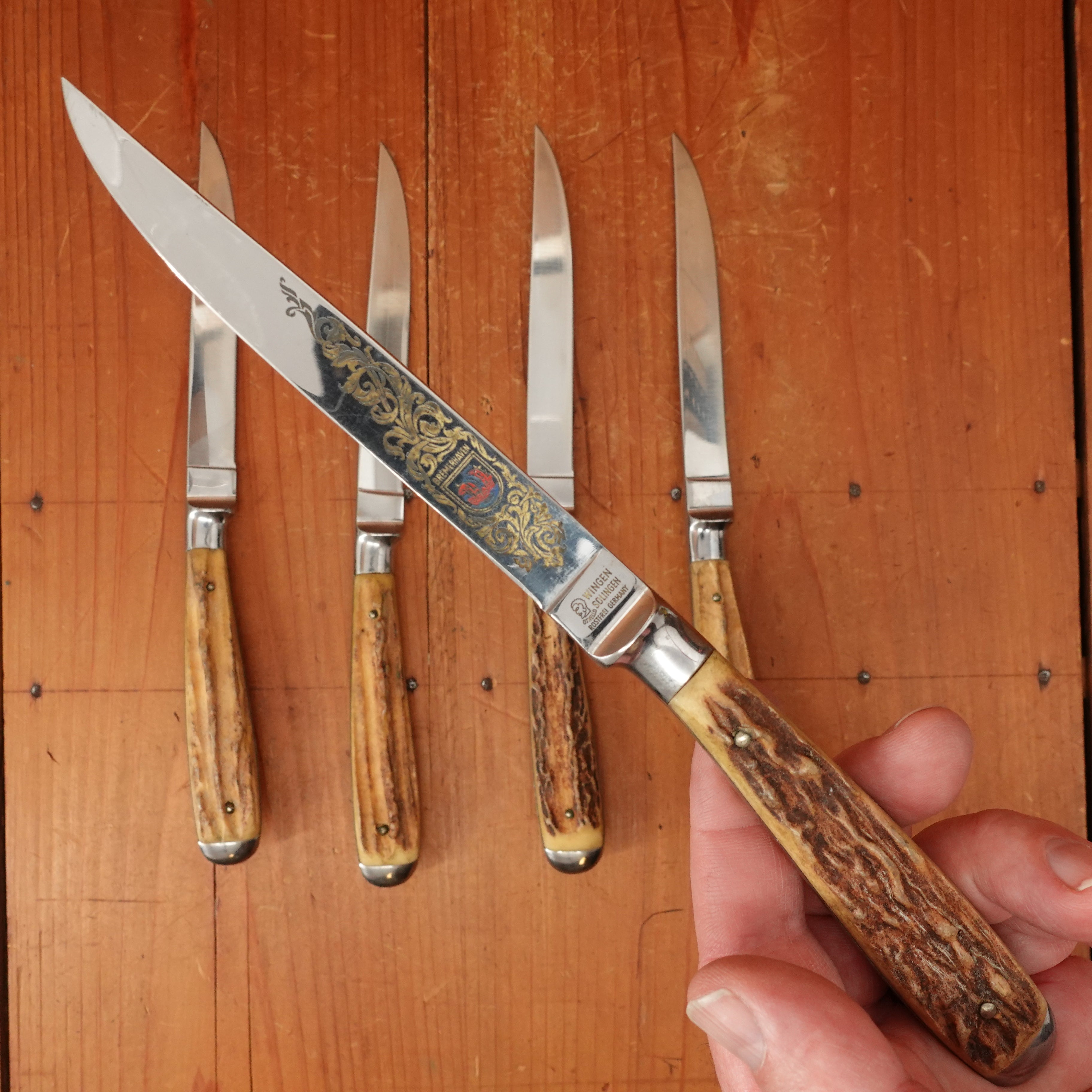 Anton Wingen Jr Steak Knife Set Etch and Inlay Stainless & Stag