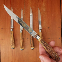 Anton Wingen Jr 5 Pc Steak Knife Set Etch and Inlay Stainless & Stag Solingen 1960s 70s