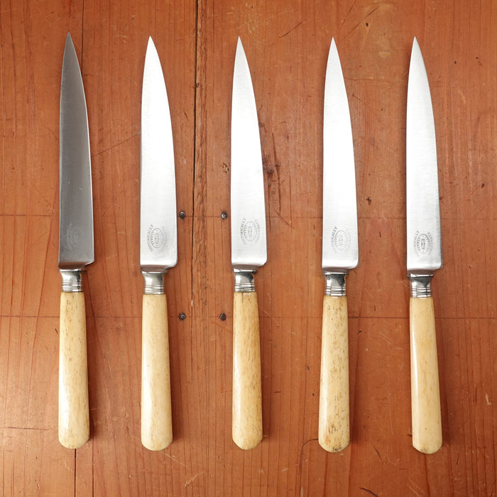 Assorted BC Historically Inaccurate J A Henckels 5-5.5" Paring Knives Carbon Steel Cow Bone Handle Solingen, Germany