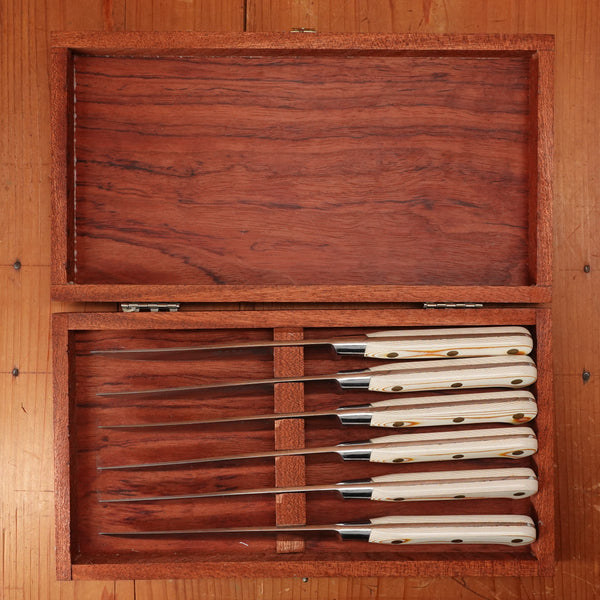 Thiers Issard Steak Knife Set Stainless Steel Paper Micarta Handles with Box Thiers, France 1980-90 - 6 Pieces