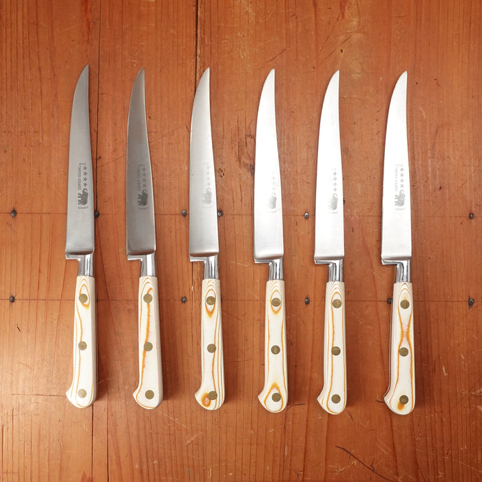 Thiers Issard Steak Knife Set Stainless Steel Paper Micarta Handles with Box Thiers, France 1980-90 - 6 Pieces