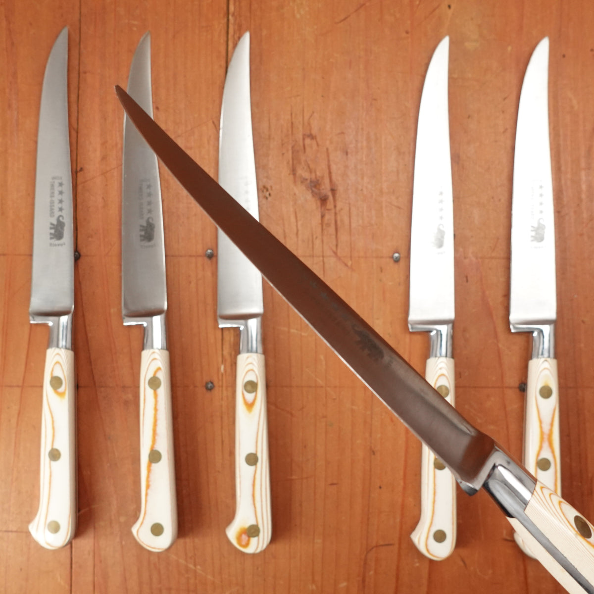 Thiers Issard Steak Knife Set Stainless Steel Paper Micarta Handles with Box Thiers, France 1980-90 - 6 Pieces
