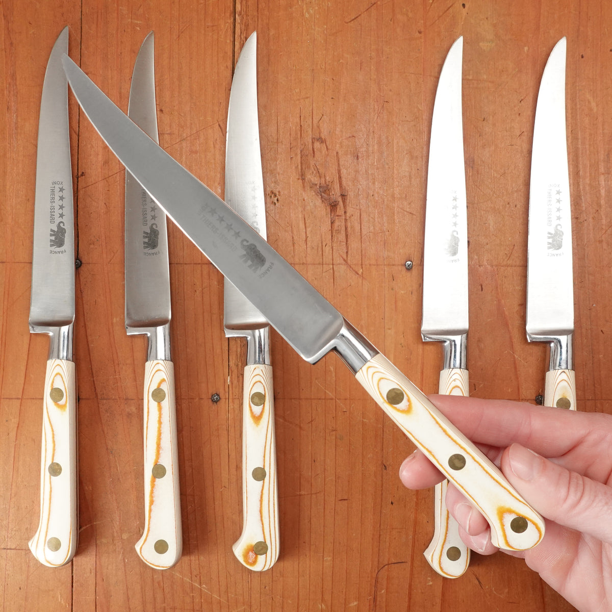 Thiers Issard Steak Knife Set Stainless Steel Paper Micarta Handles with Box Thiers, France 1980-90 - 6 Pieces