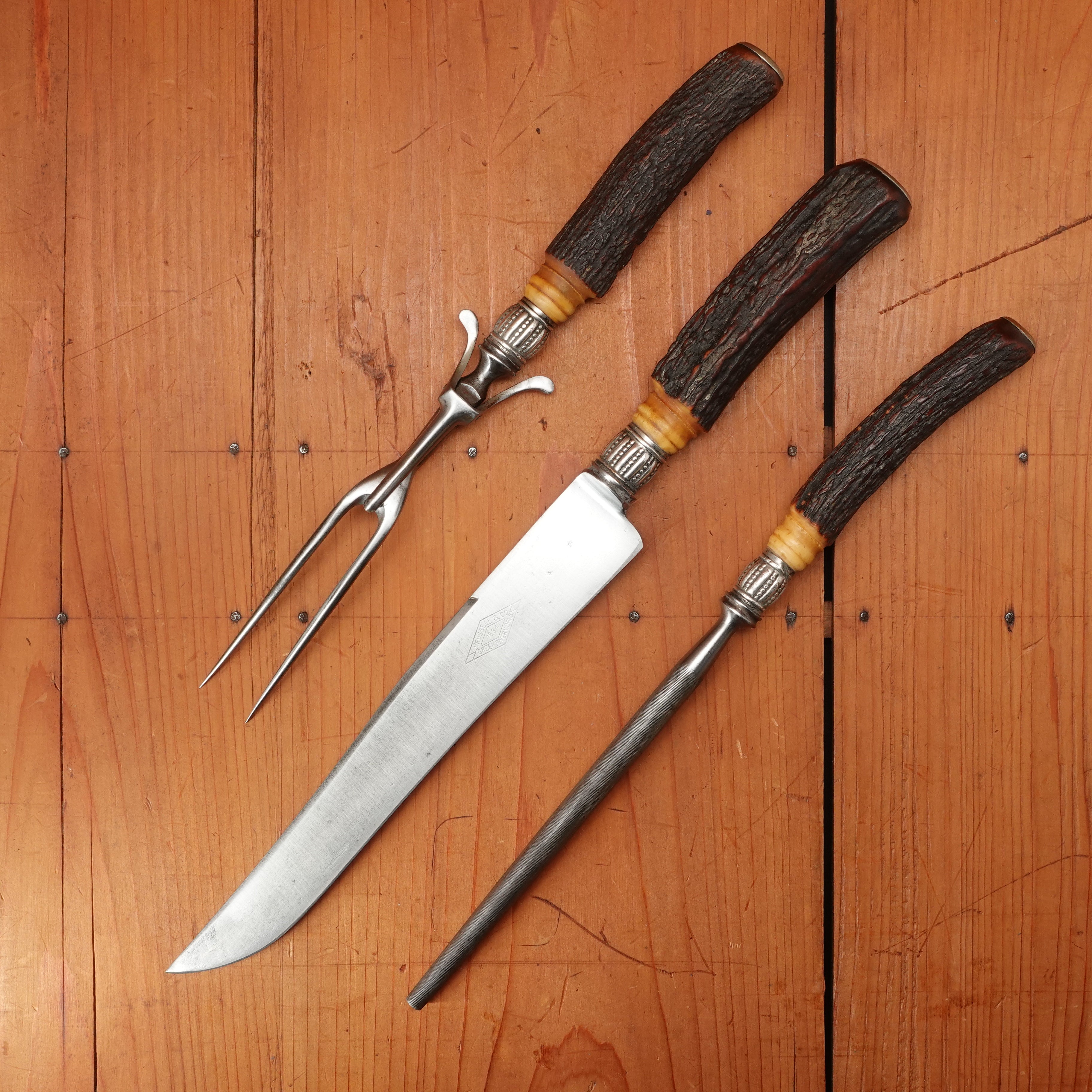 J Russell Co Green River Works Carving Set Sterling & Stag 1880s