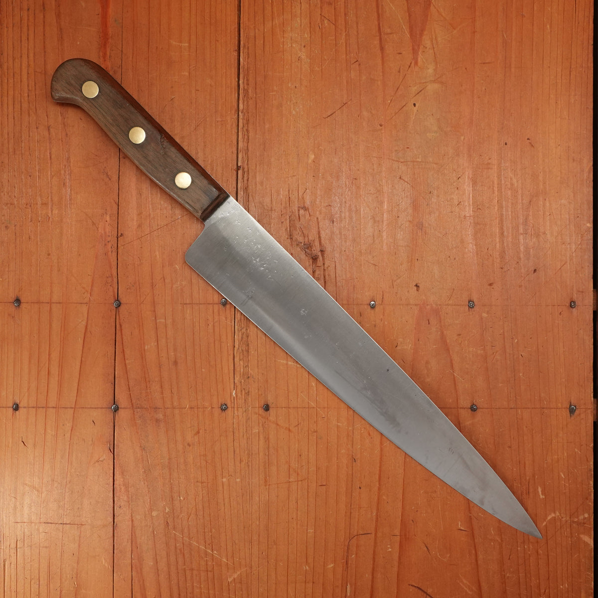 Unmarked 10" Narrow Chef / Wide Slicer Carbon Steel Refurbished Walnut Handle USA 1930-70