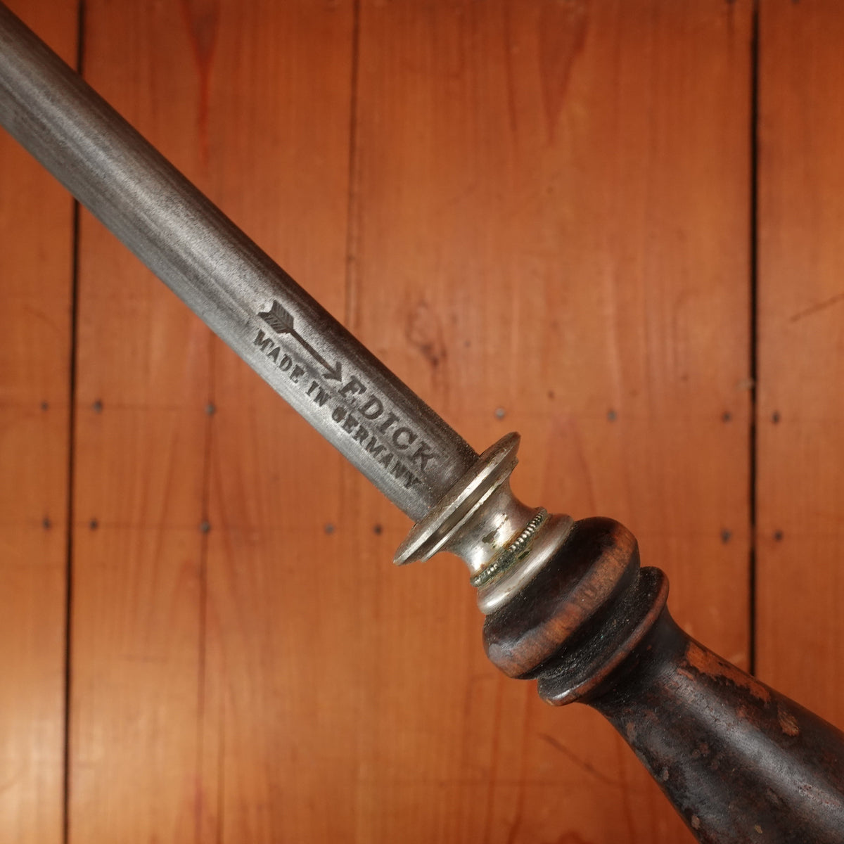 F Dick 14" Sharpening Steel Medium Cut Pre-WW2 Turned Wood Handle