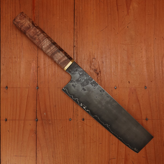 Rolin Knives GoMai 180mm Nakiri 125cr1 Carbon Maple Burl and Brass