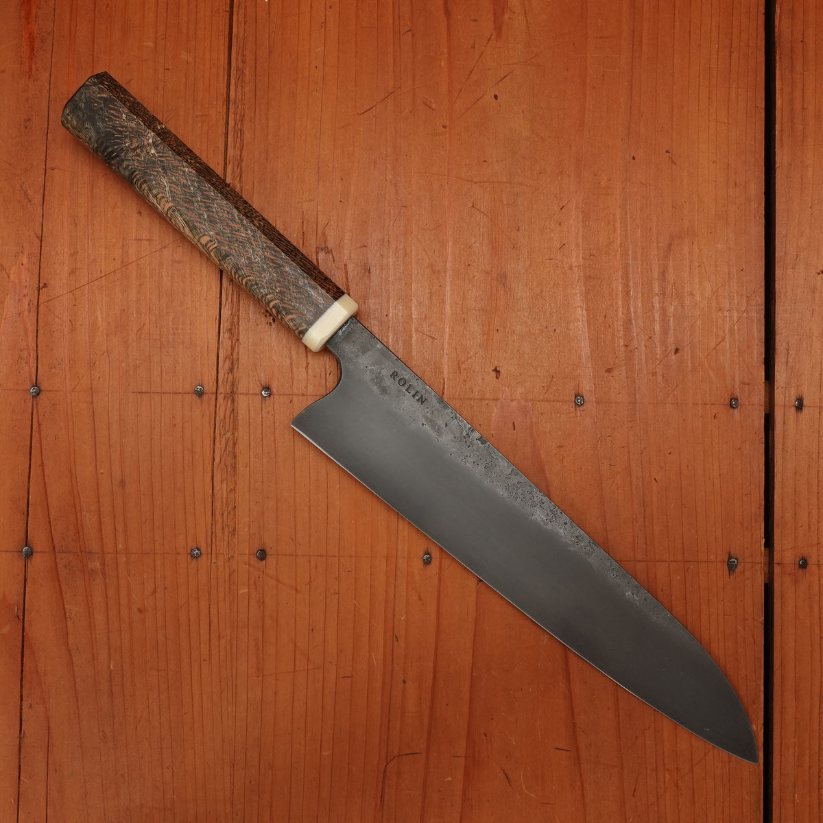 Rolin Knives 210mm Chef 52100 Nashiji Dyed Oak Bone Micarta