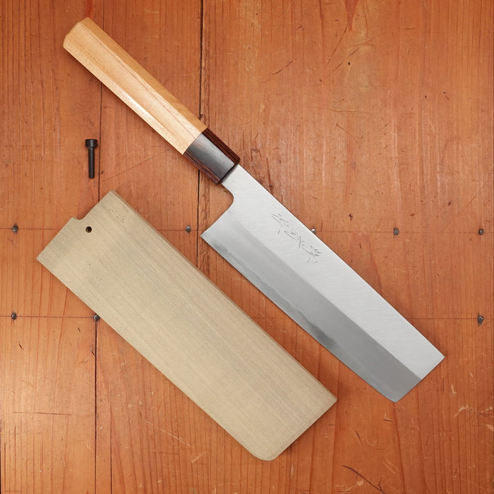 Sakai Kikumori Nakagawa 185mm Nakiri Stainless Clad Shirogami 1 Keyaki with Saya