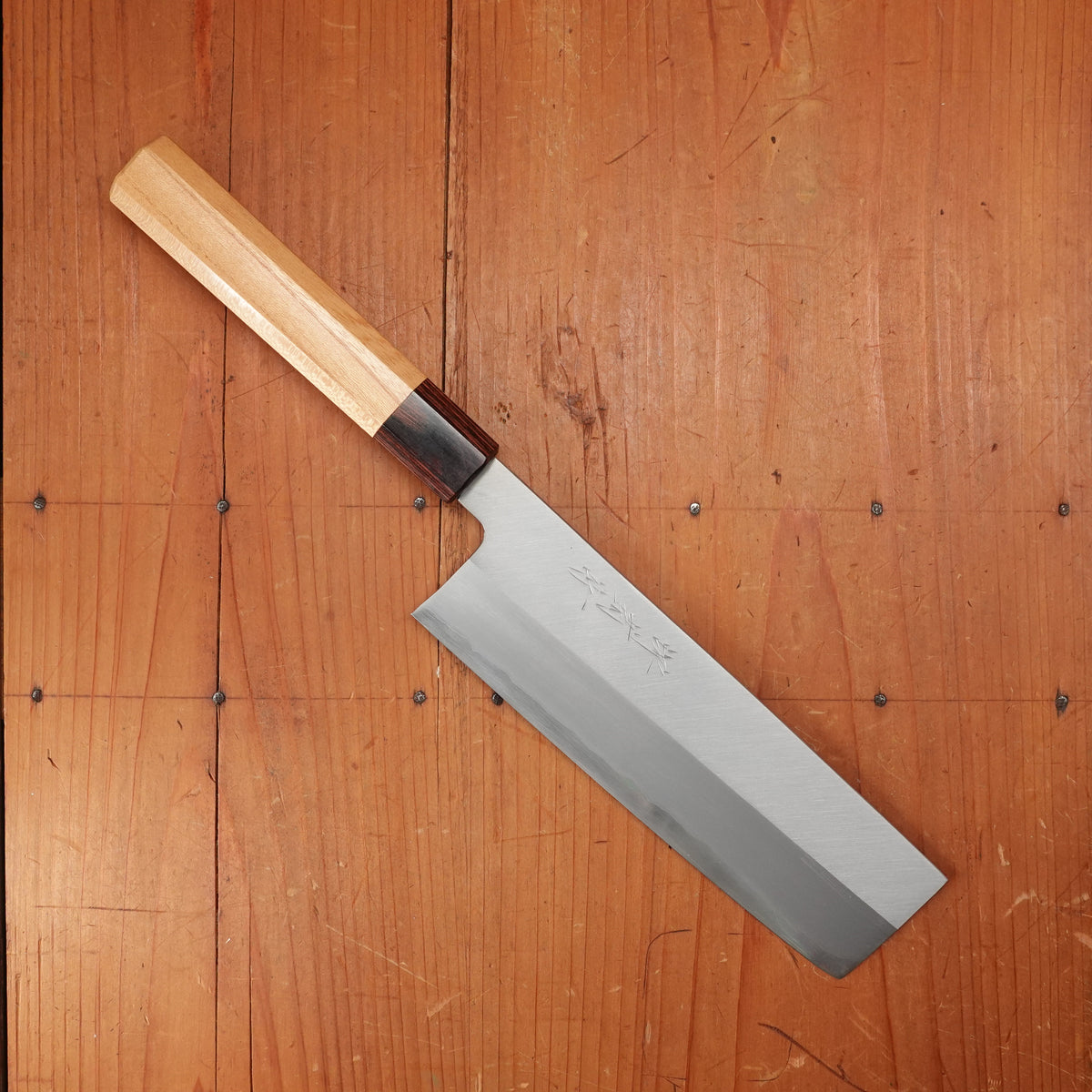 Sakai Kikumori Nakagawa 185mm Nakiri Stainless Clad Shirogami 1 Keyaki with Saya