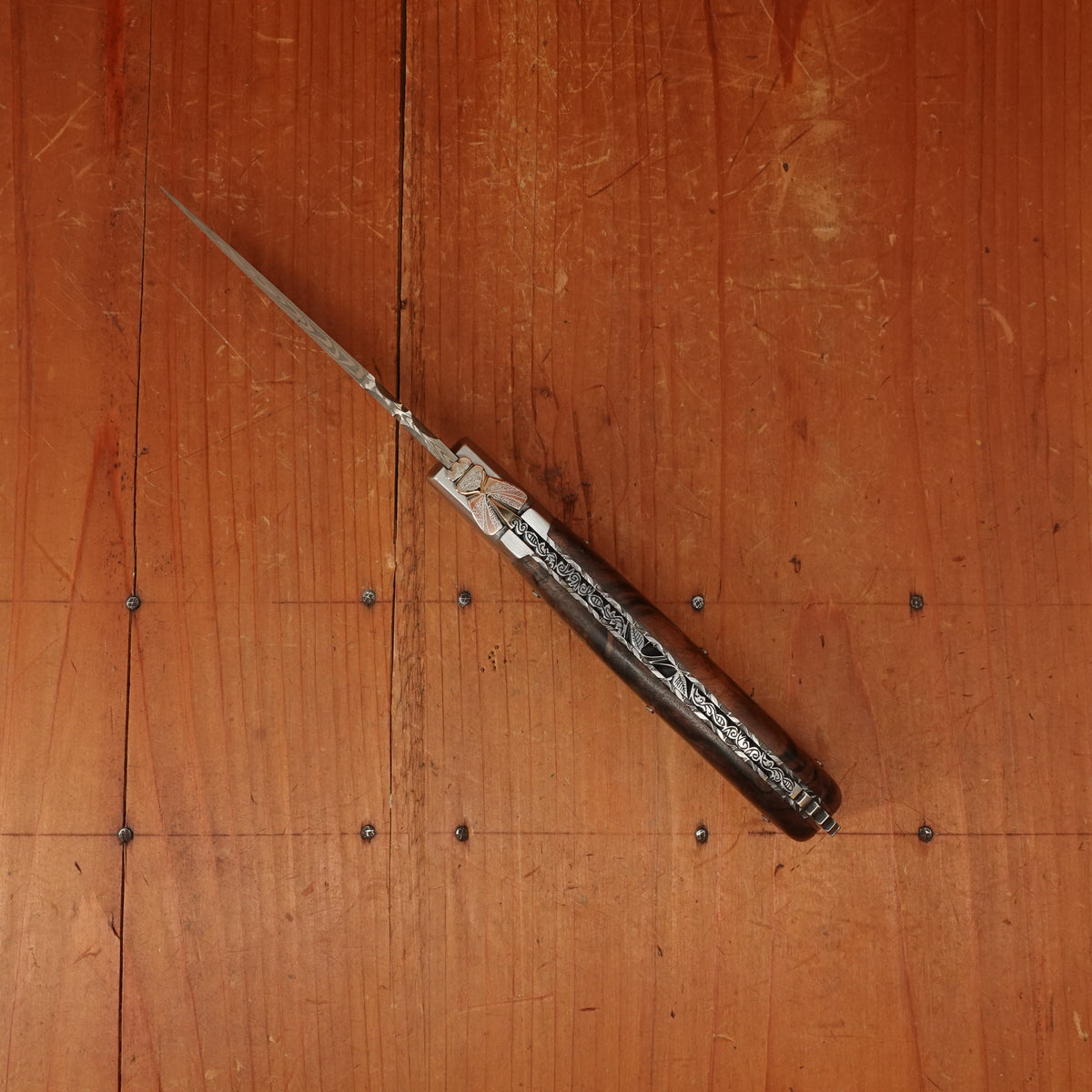 Fontenille Pataud Laguiole Sport 13cm Pocket Knife Stainless Damascus Lockback Walnut with Delicate Golden File Work