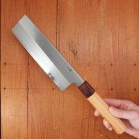 Sakai Kikumori Nakagawa 185mm Nakiri Stainless Clad Shirogami 1 Keyaki with Saya
