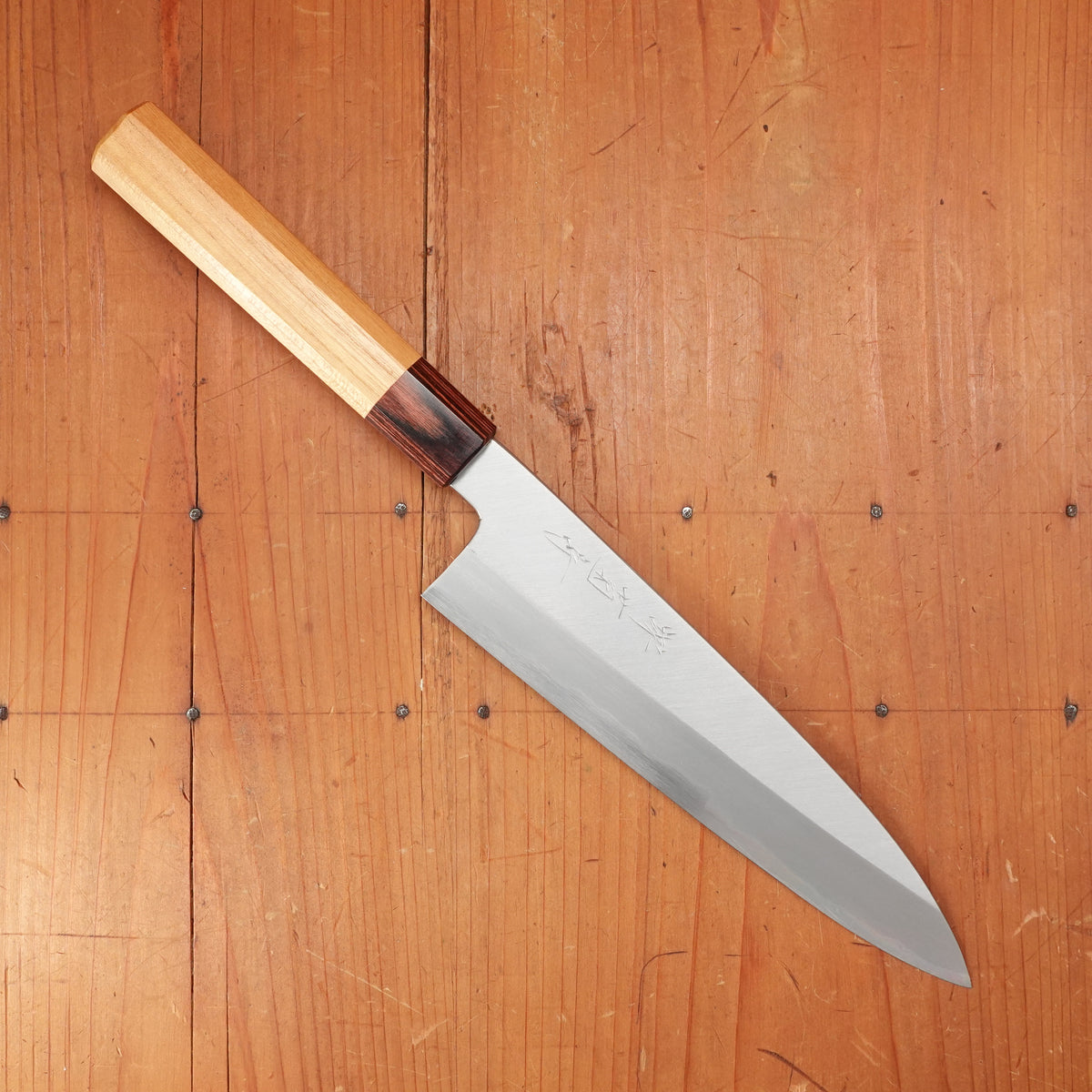 Sakai Kikumori Nakagawa 210mm Gyuto Stainless Clad Shirogami 1 Keyaki with Saya