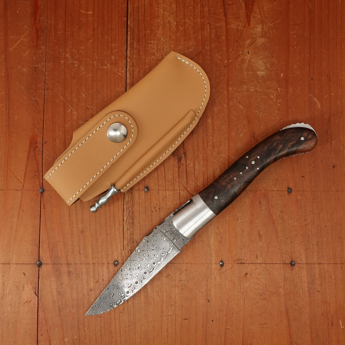 Fontenille Pataud Laguiole Sport 13cm Pocket Knife Stainless Damascus Lockback Walnut with Delicate Golden File Work