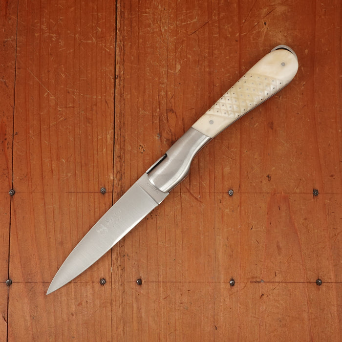 Fontenille Pataud Sperone 12cm Pocket Knife Stainless Lockback Carved Pinned Cow Bone