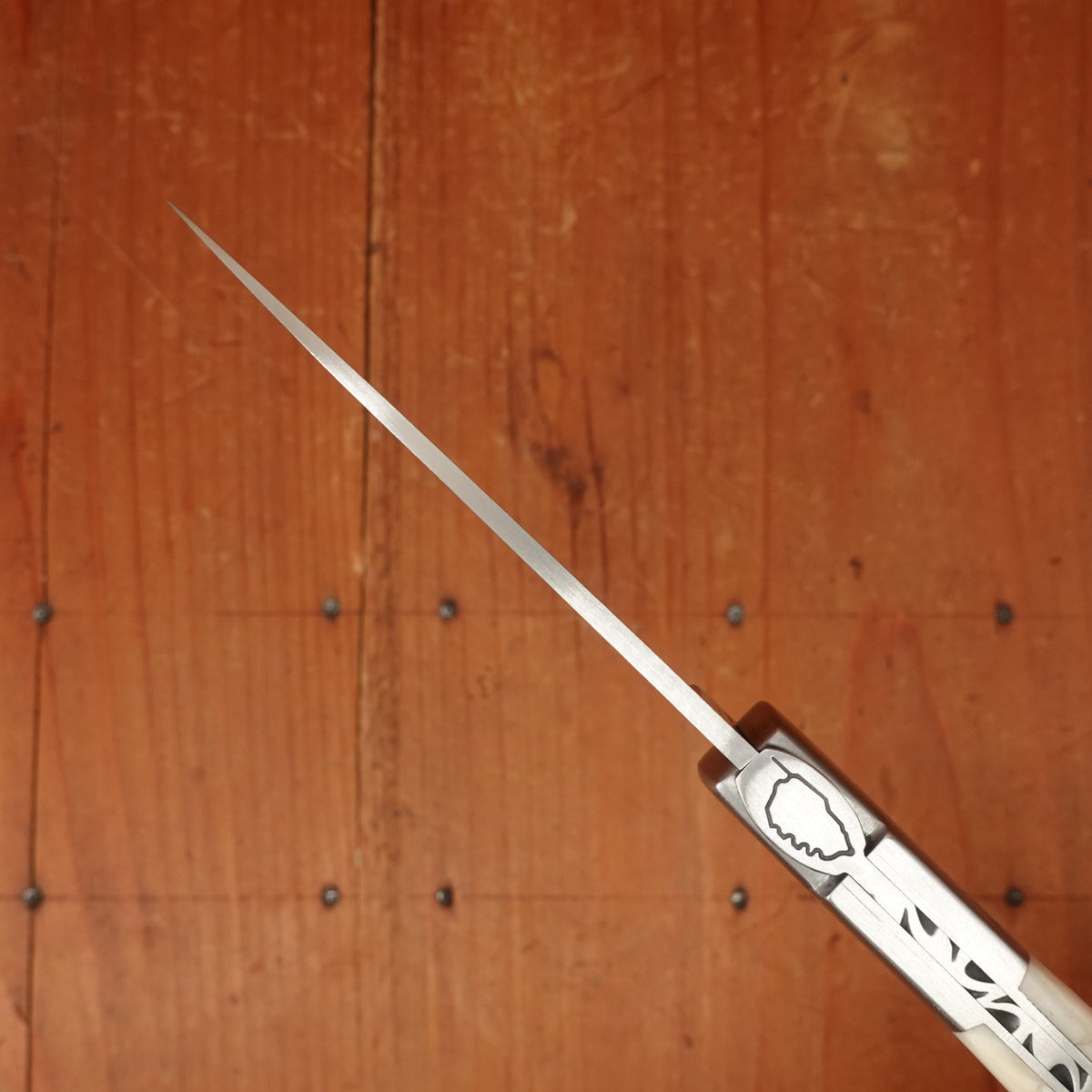 Fontenille Pataud Sperone 12cm Pocket Knife Stainless Lockback Carved Pinned Cow Bone