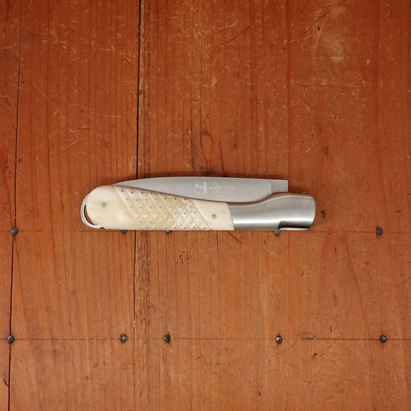 Fontenille Pataud Sperone 12cm Pocket Knife Stainless Lockback Carved Pinned Cow Bone