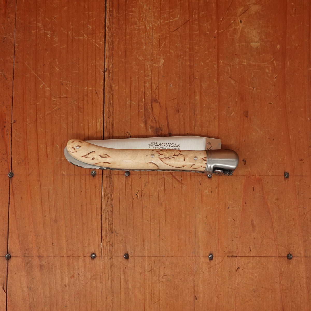 Fontenille Pataud Laguiole Nature 12cm Pocket Knife Stainless Lockback Curly Birch