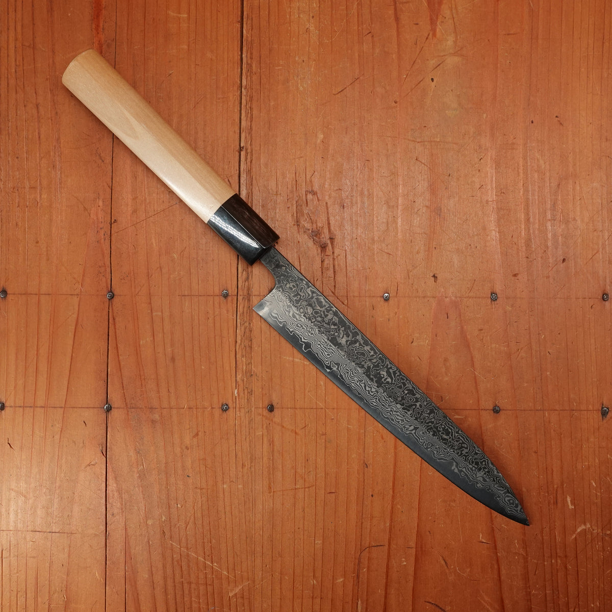 New Old Stock Yoshikane 180mm Wa-Petty SLD Suminagashi Damascus with New Ho & Horn Handle