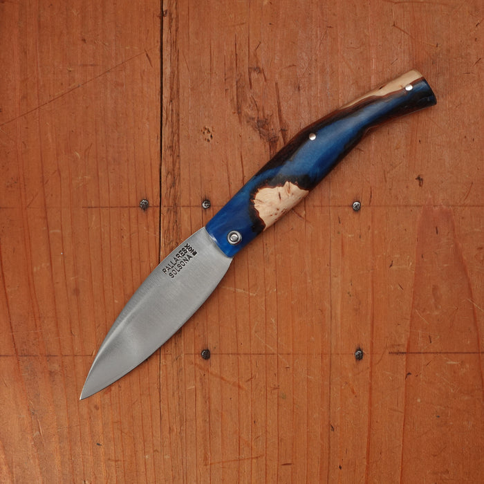 Pallares Busa 10cm Drop Point Stainless Steel Friction Lock Wood and Blue Epoxy Handle