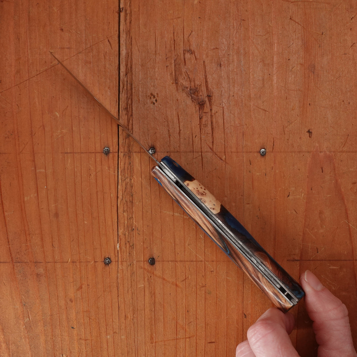 Pallares Busa 10cm Drop Point Stainless Steel Friction Lock Wood and Blue Epoxy Handle