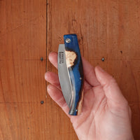 Pallares Busa 10cm Drop Point Stainless Steel Friction Lock Wood and Blue Epoxy Handle