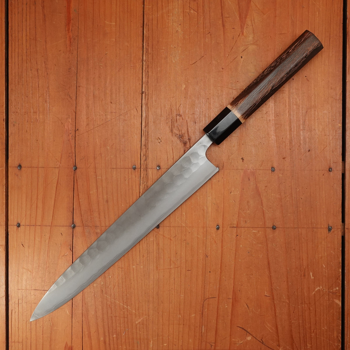 New Old Stock Yoshikane 240mm Wa-Sujihiki SKD Tsuchime with New Burnt Chestnut & Horn Handle
