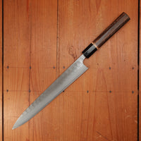 New Old Stock Yoshikane 240mm Wa-Sujihiki SKD Tsuchime with New Burnt Chestnut & Horn Handle