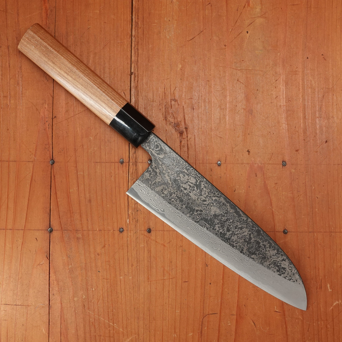 New Old Stock Yoshikane 180mm Wa-Santoku SLD Suminagashi Damascus with New Enju & Horn Handle