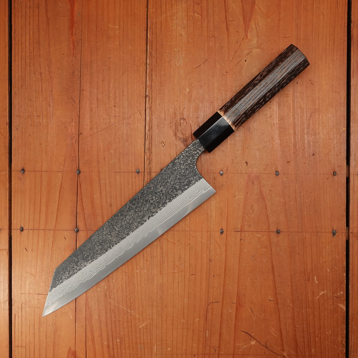 New Old Stock Yoshikane 210mm Wa-Kiritsuke Gyuto SLD Suminagashi Damascus with New Burnt Chestnut Handle