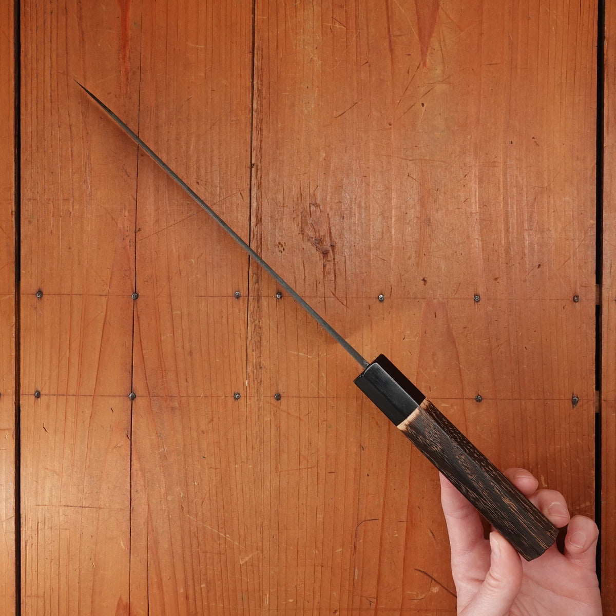 New Old Stock Yoshikane 210mm Wa-Kiritsuke Gyuto SLD Suminagashi Damascus with New Burnt Chestnut Handle