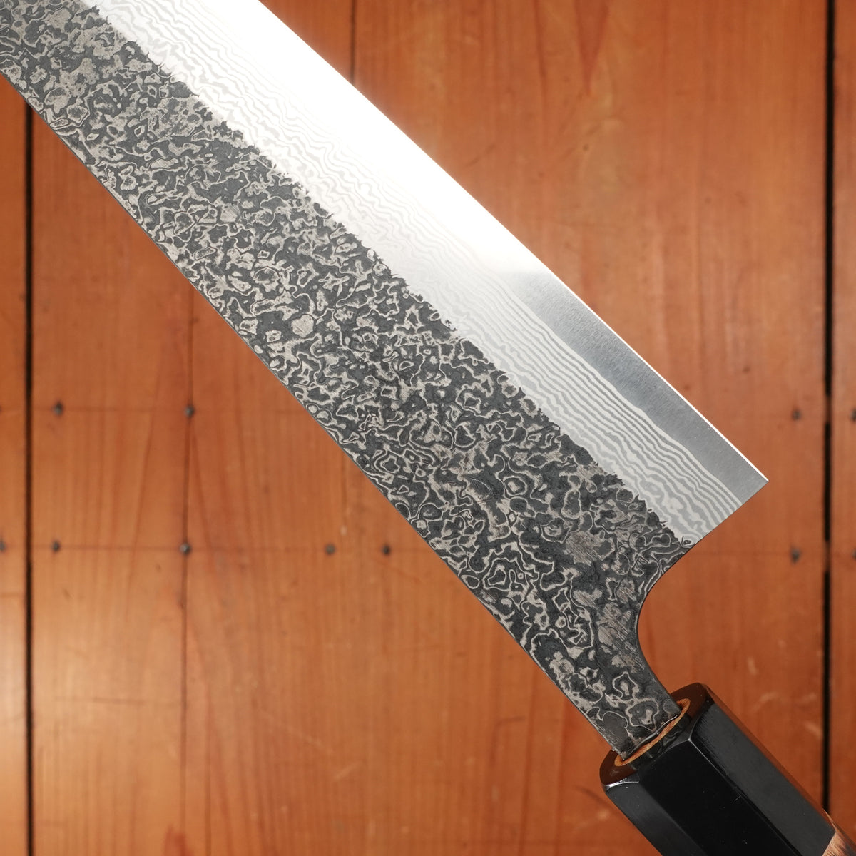 New Old Stock Yoshikane 210mm Wa-Kiritsuke Gyuto SLD Suminagashi Damascus with New Burnt Chestnut Handle