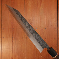 New Old Stock Yoshikane 210mm Wa-Kiritsuke Gyuto SLD Suminagashi Damascus with New Burnt Chestnut Handle