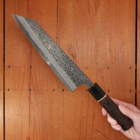 New Old Stock Yoshikane 210mm Wa-Kiritsuke Gyuto SLD Suminagashi Damascus with New Burnt Chestnut Handle