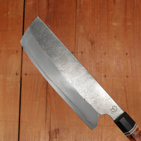 Alma Knife Co. 180mm Nakiri Sanmai Stainless Clad 26c3 Nashiji Thuya Burl African Blackwood Handle