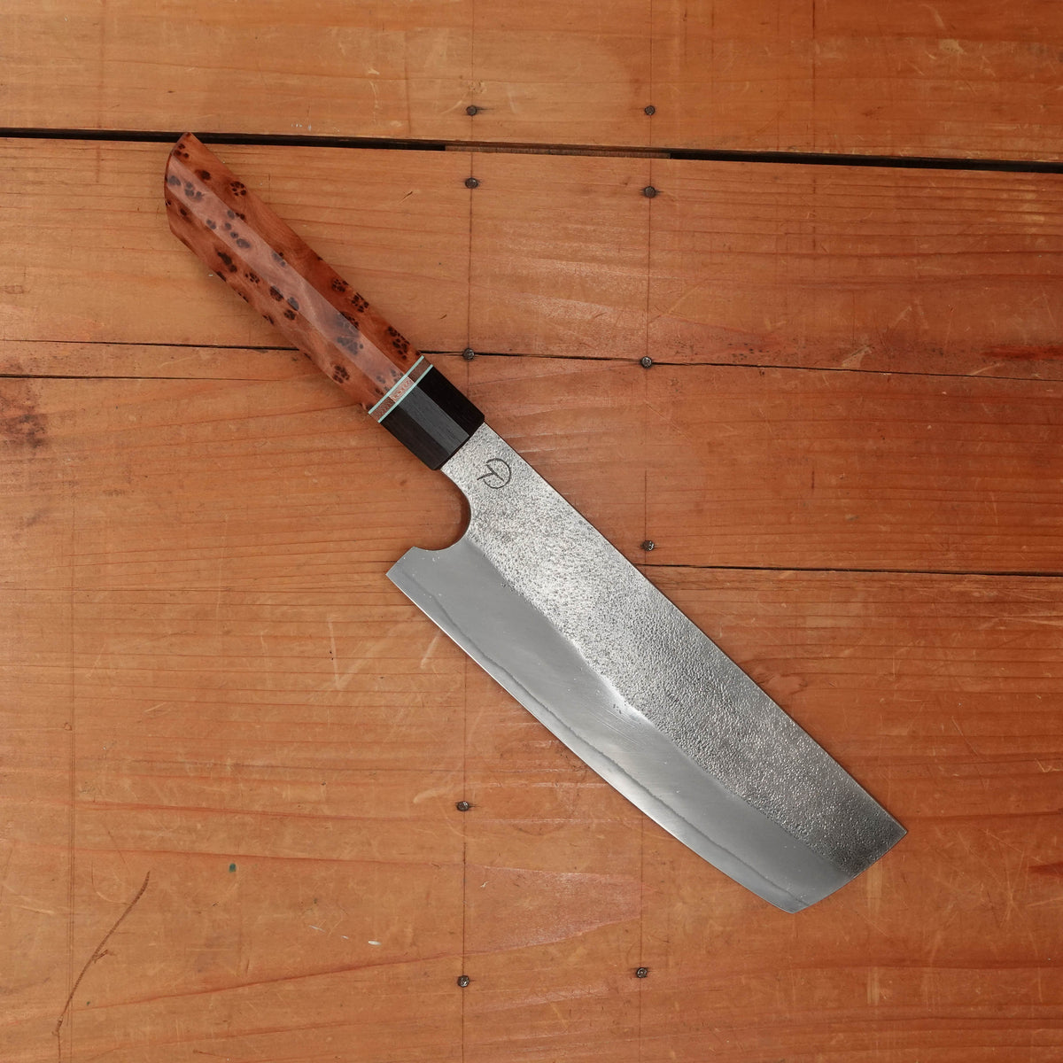 Alma Knife Co. 180mm Nakiri Sanmai Stainless Clad 26c3 Nashiji Thuya Burl African Blackwood Handle