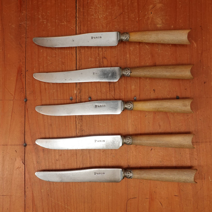 Set of 5 French Luncheon Knives Carbon Steel Nickel & Horn France Approx ~1920