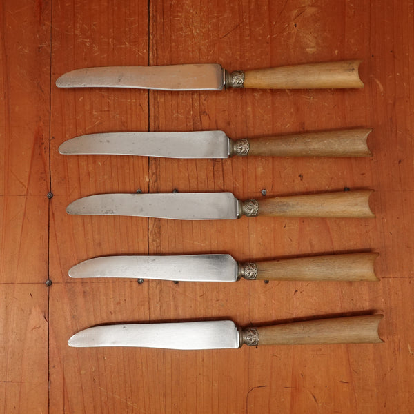 Set of 5 French Luncheon Knives Carbon Steel Nickel & Horn France Approx ~1920