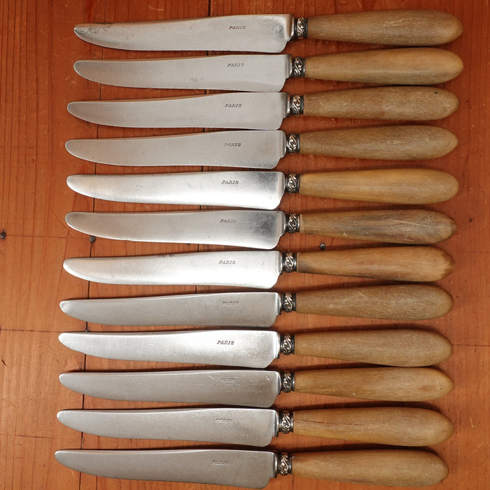 Set of 12 French Dinner Knives Carbon Steel Nickel & Horn France ~1910-20s
