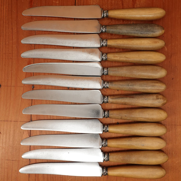 Set of 12 French Dinner Knives Carbon Steel Nickel & Horn France ~1910-20s