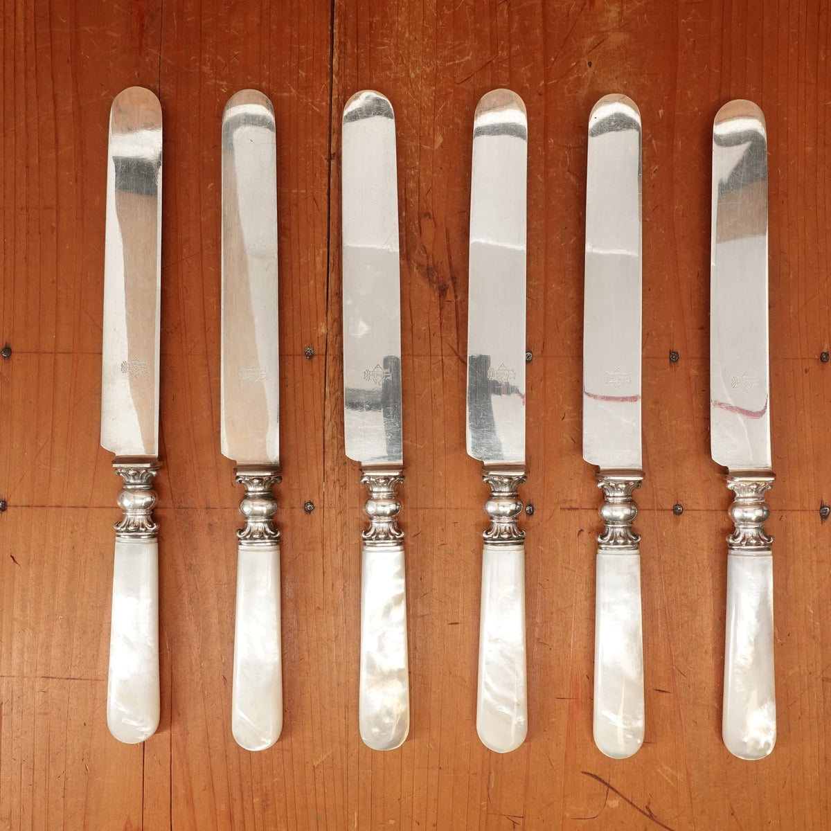 Dunham Carrigan & Hayden SF 6 Table Knives Silver Plated Carbon Steel Sterling Silver MOP USA ~1900-1915