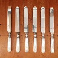 Dunham Carrigan & Hayden SF 6 Table Knives Silver Plated Carbon Steel Sterling Silver MOP USA ~1900-1915