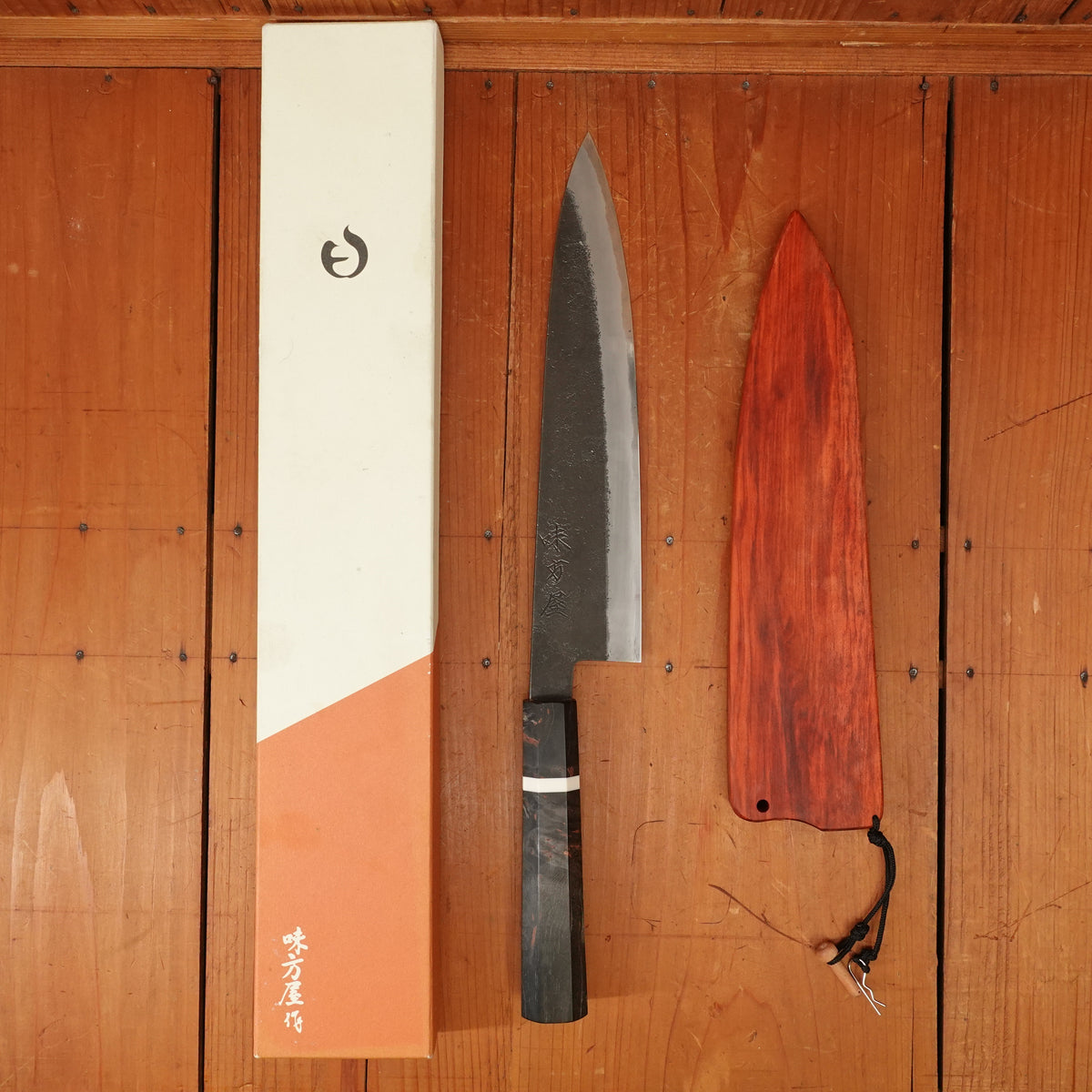 Trade In Mutsumi Hinoura Ajikataya 240mm Gyuto Stainless Clad Shirogami 2 Custom Dark Maple Orig Box & Custom Saya