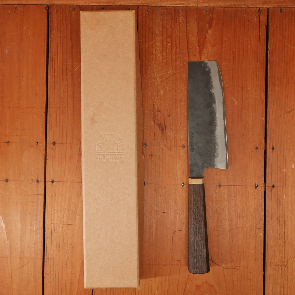 Trade In Blenheim Forge 165mm Nakiri Stainless Clad Aogami Super Fumed Oak & Brass