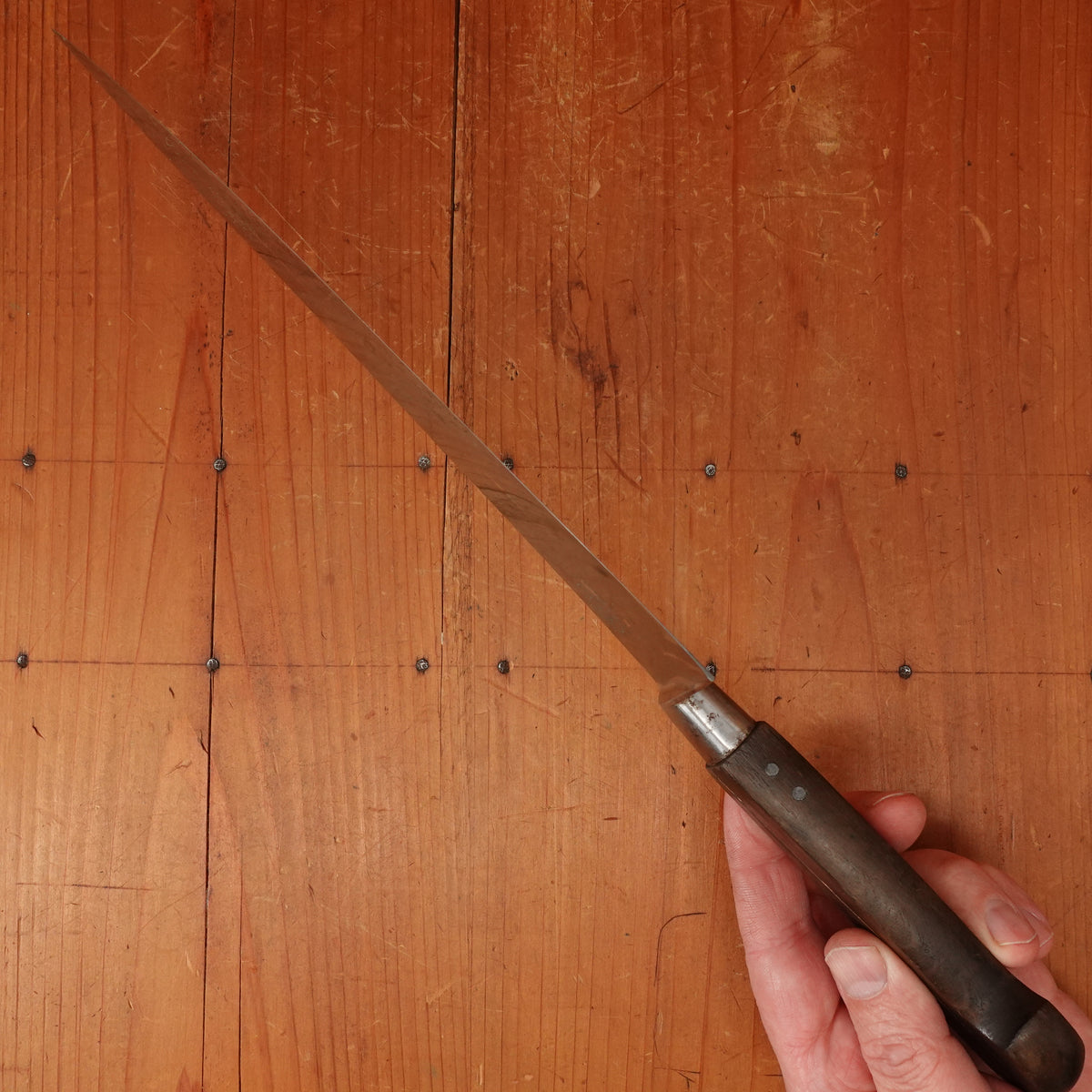 J.A. Henckels 9.5" Nogent Style Chef 100-9" Carbon Steel Fruitwood 1920s-30s *lead warning*