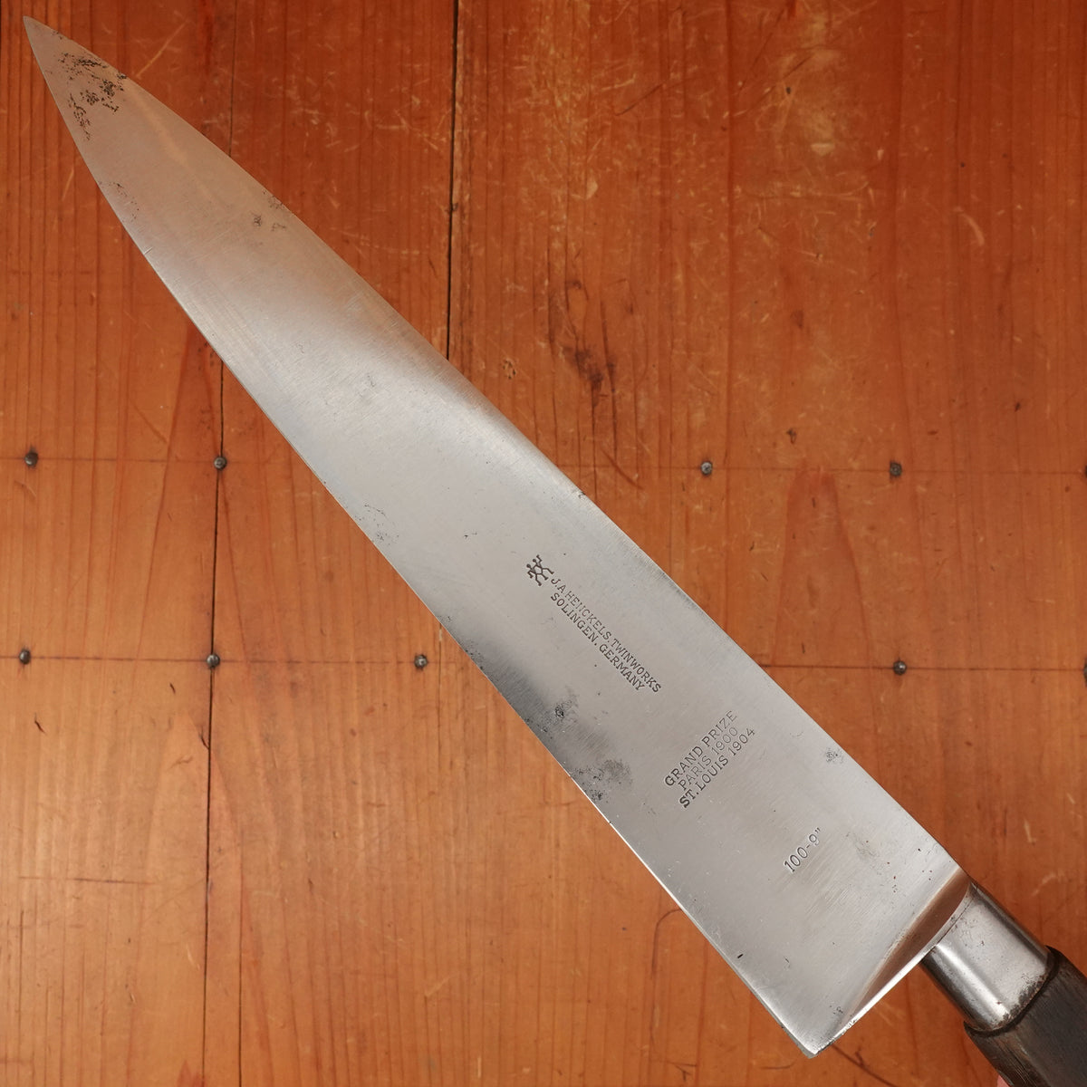 J.A. Henckels 9.5" Nogent Style Chef 100-9" Carbon Steel Fruitwood 1920s-30s *lead warning*