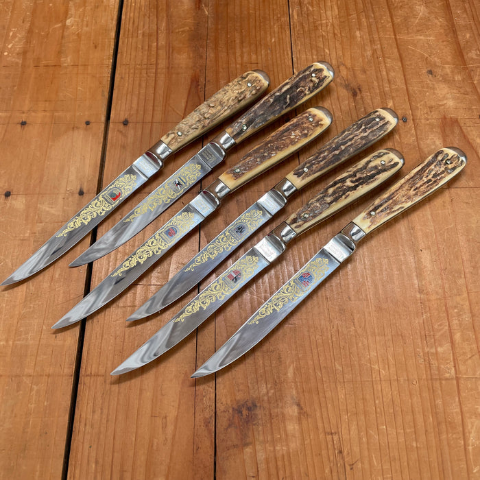 Vintage Wingen Solingen Steak Knife Set Forged Stainless Stag Handles 1950-70 - 6 Pieces