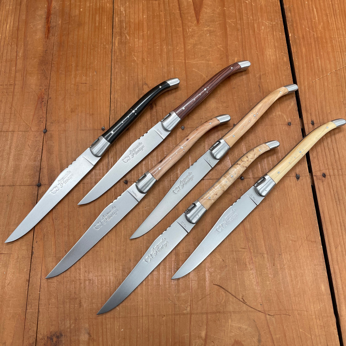 Au Sabot Laguiole Steak Knife Mixed Wood Handles with Oak Box - 6 Pieces
